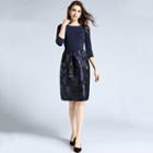Elbow-sleeve Floral Panel A-line Dress