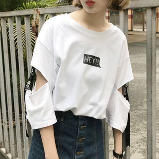 Print Distressed 3/4-sleeve T-shirt