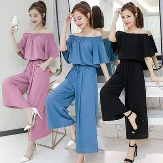Set: Off-shoulder Plain Blouse + Wide-leg Pants