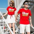 Couple Matching Set: Printed Short-sleeve T-shirt + High Waist A-line Skirt / Set: Printed Short-sleeve T-shirt + Shorts