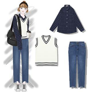 Contrast Trim Knit Vest / Plaid Shirt / Straight Cut Jeans
