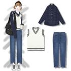 Contrast Trim Knit Vest / Plaid Shirt / Straight Cut Jeans