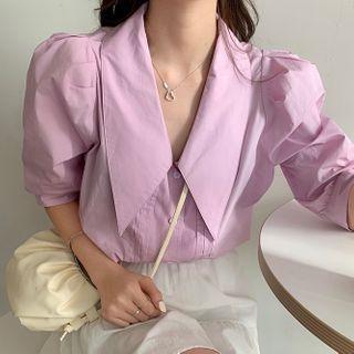 Plain Elbow-sleeve Pintuck Blouse