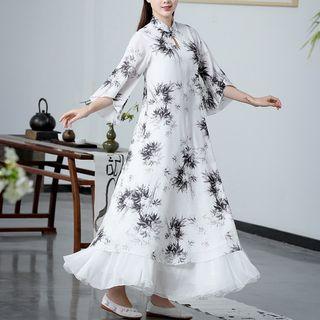 Traditional Chinese 3/4-sleeve Leaf Print Midi Dress / Skirt