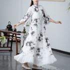 Traditional Chinese 3/4-sleeve Leaf Print Midi Dress / Skirt
