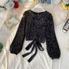 Lace-up Sequined Long-sleeve Top