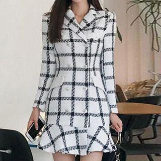 Plaid Ruffle Hem Double-breasted Coat Dress