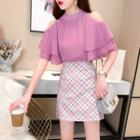 Set: Short-sleeve Cold-shoulder Blouse + Plaid Mini Pencil Skirt