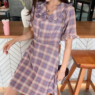 Ruffle Trim Short-sleeve Plaid Mini A-line Dress