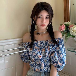 Puff-sleeve Off-shoulder Floral Blouse Blue - One Size