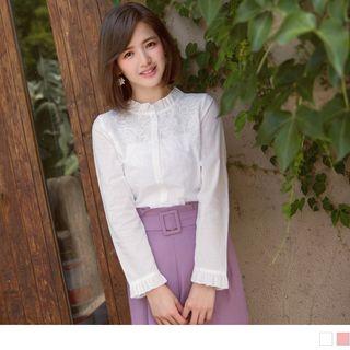 Frilled Trim Stand Collar Lace Blouse