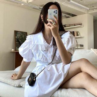Peter Pan Collar Puff-sleeve Shirt / Lace-up Asymmetrical Semi Skirt