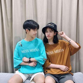 Couple Matching Ripped Printed Elbow-sleeve T-shirt