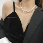 Bow Faux Pearl Layered Alloy Choker G2112 - Silver & White - One Size