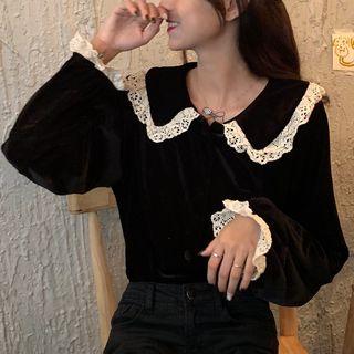 Peter Pan Collar Lace-trim Blouse Black - One Size