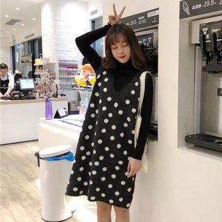 Turtleneck Long-sleeve Knit Top / Dotted Sleeveless Knit Dress