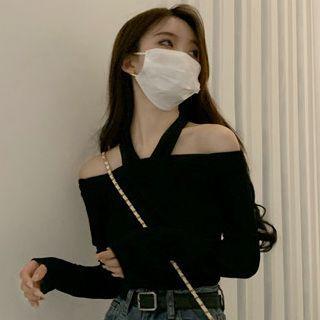 Off-shoulder Halter-neck Plain Top Black - One Size