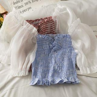 Patchwork Ruffled-trim Smocked Crop Top In 6 Colors