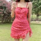 Wood Ear Trim Heart Print Shaping Spaghetti-strap Dress