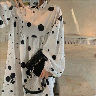 Dotted Lantern-sleeve Midi Shift Dress