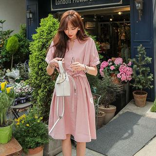 Stand-collar Puff-sleeve Dress With Sash