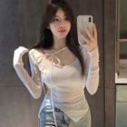 Ribbon-neckline Slited Crop T-shirt
