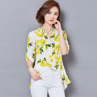 Lemon Print V-neck Elbow-sleeve Blouse