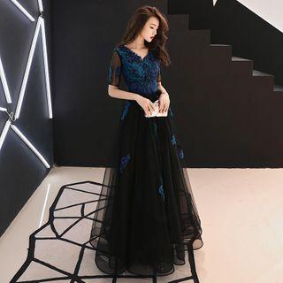 Mesh-sleeve Floral Embroidered A-line Mesh Evening Gown