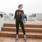 Set: Round-neck Lettering Top + Band-waist Pants