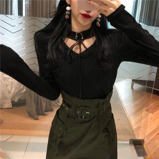 Long-sleeve Lace-up Open Front T-shirt / High-waist Mini A-line Skirt