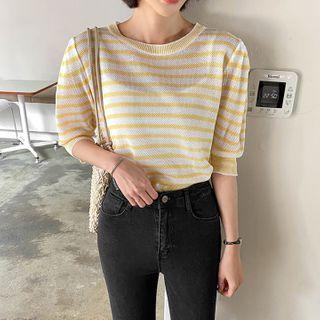 Puff-sleeve Stripe Sheer Knit Top
