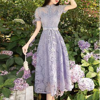 Short-sleeve Tie-waist Lace Midi A-line Dress