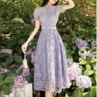 Short-sleeve Tie-waist Lace Midi A-line Dress