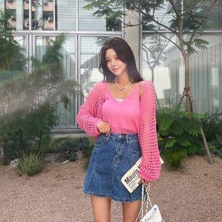 Open-knit Cardigan & Sleeveless Knit Top Set