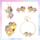 Set Of 4: Rhinestone Unicorn Pendant Necklace + Earring + Ring + Bracelet 01 - 12286 - Set - Necklace & Earrings & Bracelet & Ring - Gold - One Size