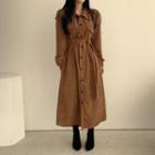 Long Sleeve Corduroy Plain Lace-up Dress