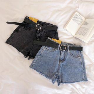 Frayed High-waist A-line Denim Shorts With Belt