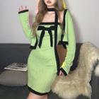 Set: Contrast Trim Knit Mini Tube Dress + Cropped Cardigan + Scarf