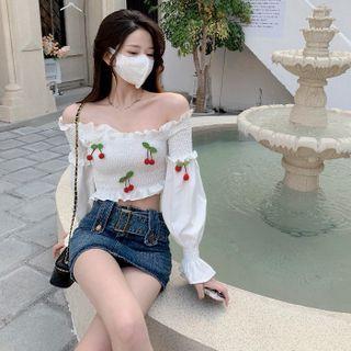 Long-sleeve Off-shoulder Cherry Accent Crop Top