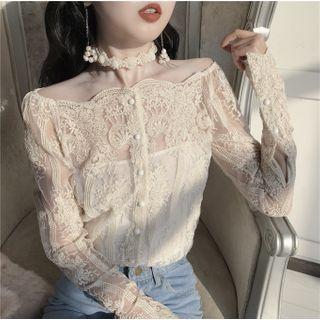 Square Collar Button-front Lace Top