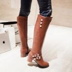 Chunky-heel Zip-side Buckle Long Boots