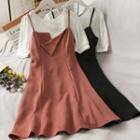 Set: Short-sleeve Loose T-shirt + Asymmetric Sleeveless Mini Dress