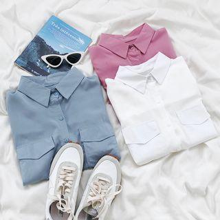 Puff-sleeve Plain Pocket Shirt
