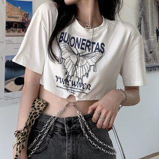 Butterfly Print Chain Cropped T-shirt