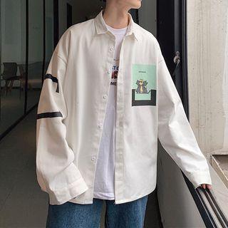 Cat-print Long-sleeve Button-down Shirt