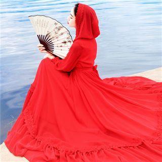 Long-sleeve Hooded Lace Trim Maxi A-line Dress
