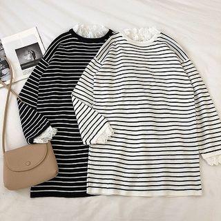 Color-block Striped Mock-neck Panel Lace Long-sleeve Knit Dress
