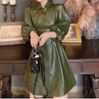 Faux-leather Lantern-sleeve A-line Dress Dress - Green - One Size