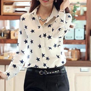 Long-sleeve Star Print Chiffon Blouse