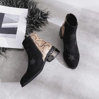 Star Detail Snake Print Block Heel Short Boots